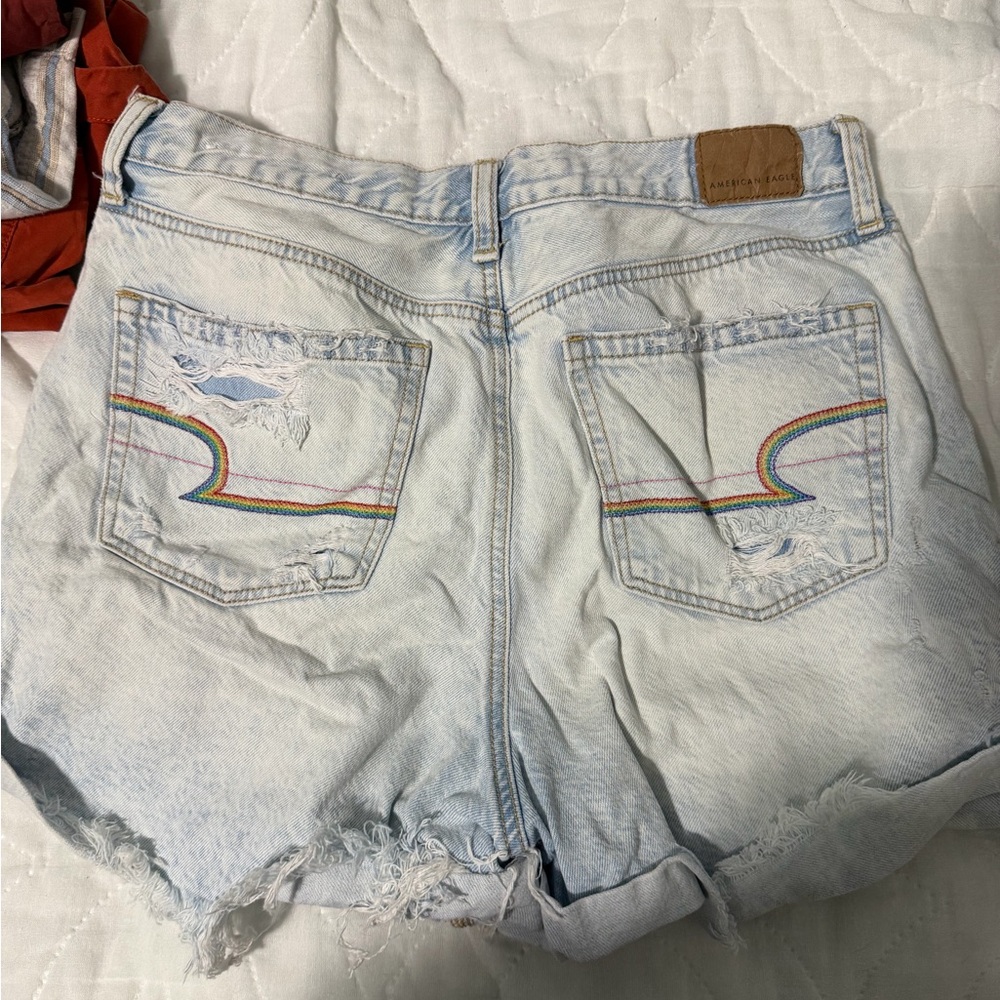 Light Wash Denim Cutoff Shorts with Rainbow Pocket Stitching